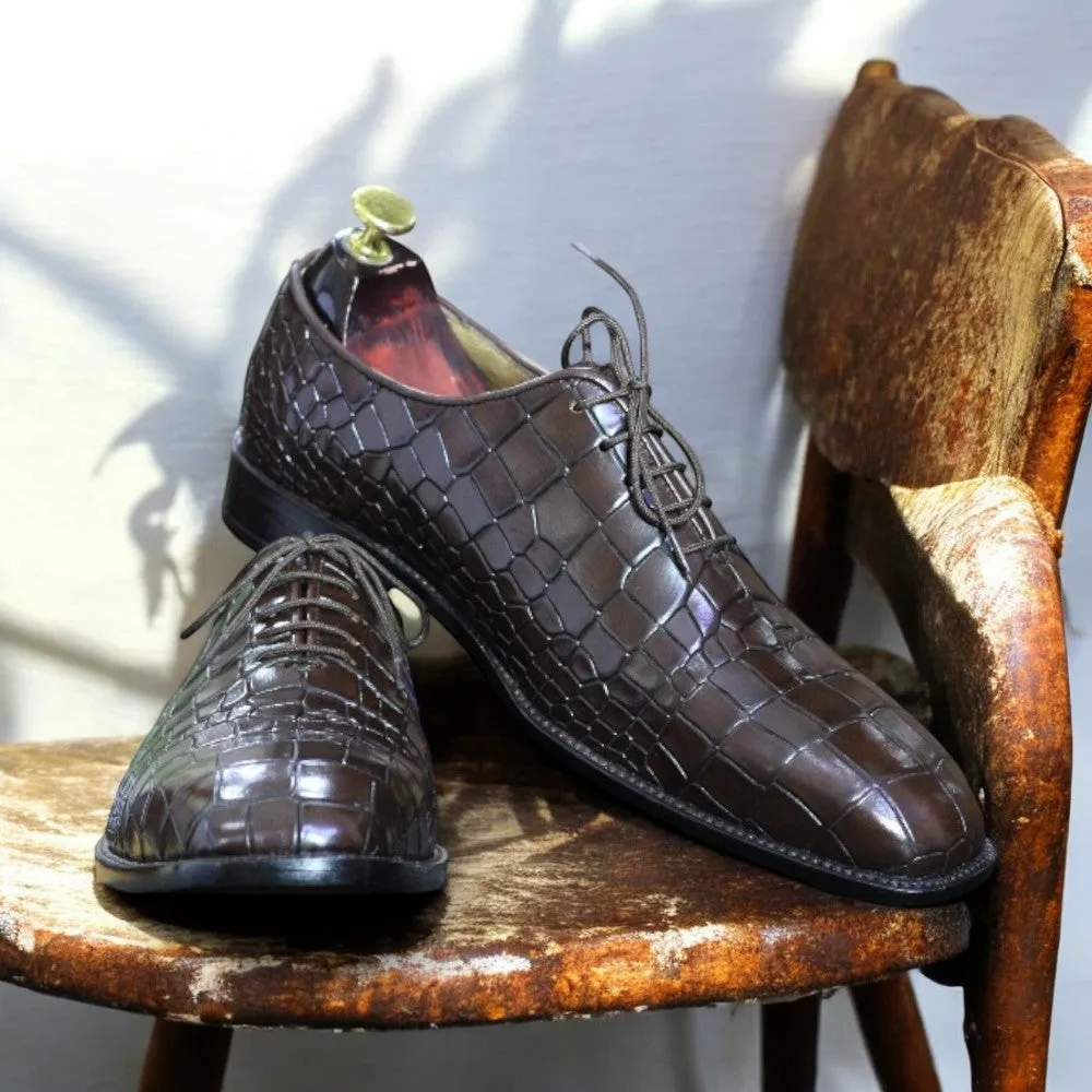 100% Handmade Goodyear Welted Alligator Print Whole Cut Leather Shoes For Men's