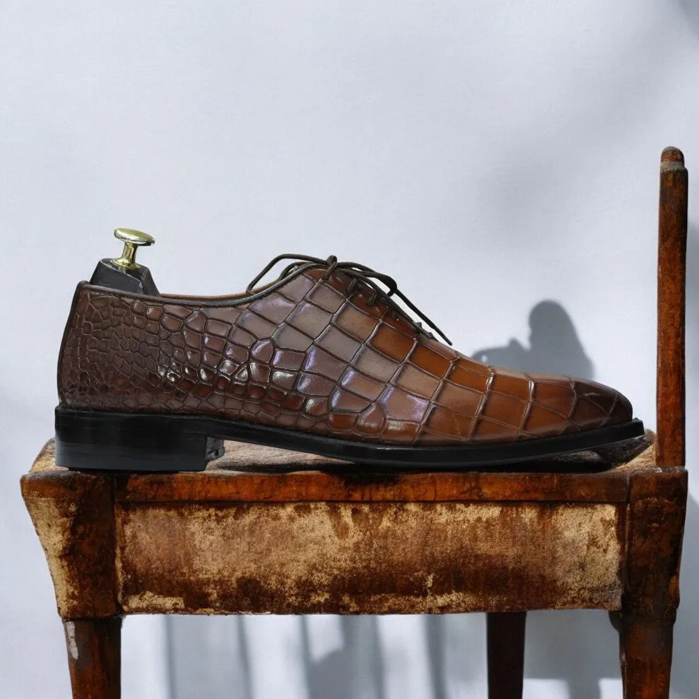 100% Handmade Goodyear Welted Alligator Print Whole Cut Leather Shoes For Men's