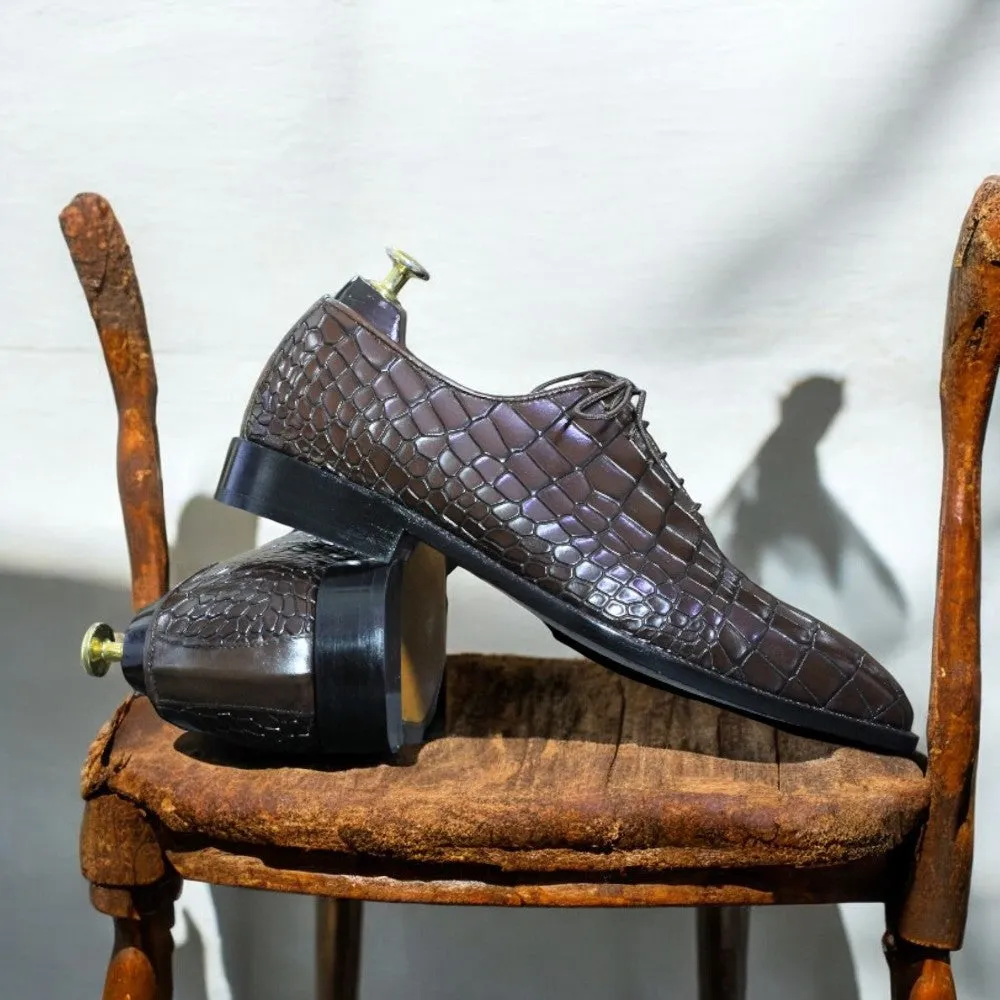 100% Handmade Goodyear Welted Alligator Print Whole Cut Leather Shoes For Men's