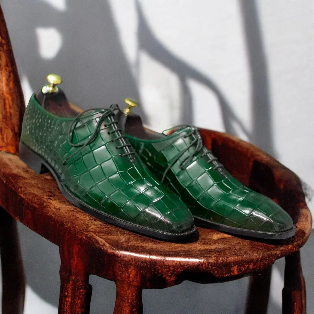 100% Handmade Goodyear Welted Alligator Print Whole Cut Leather Shoes For Men's
