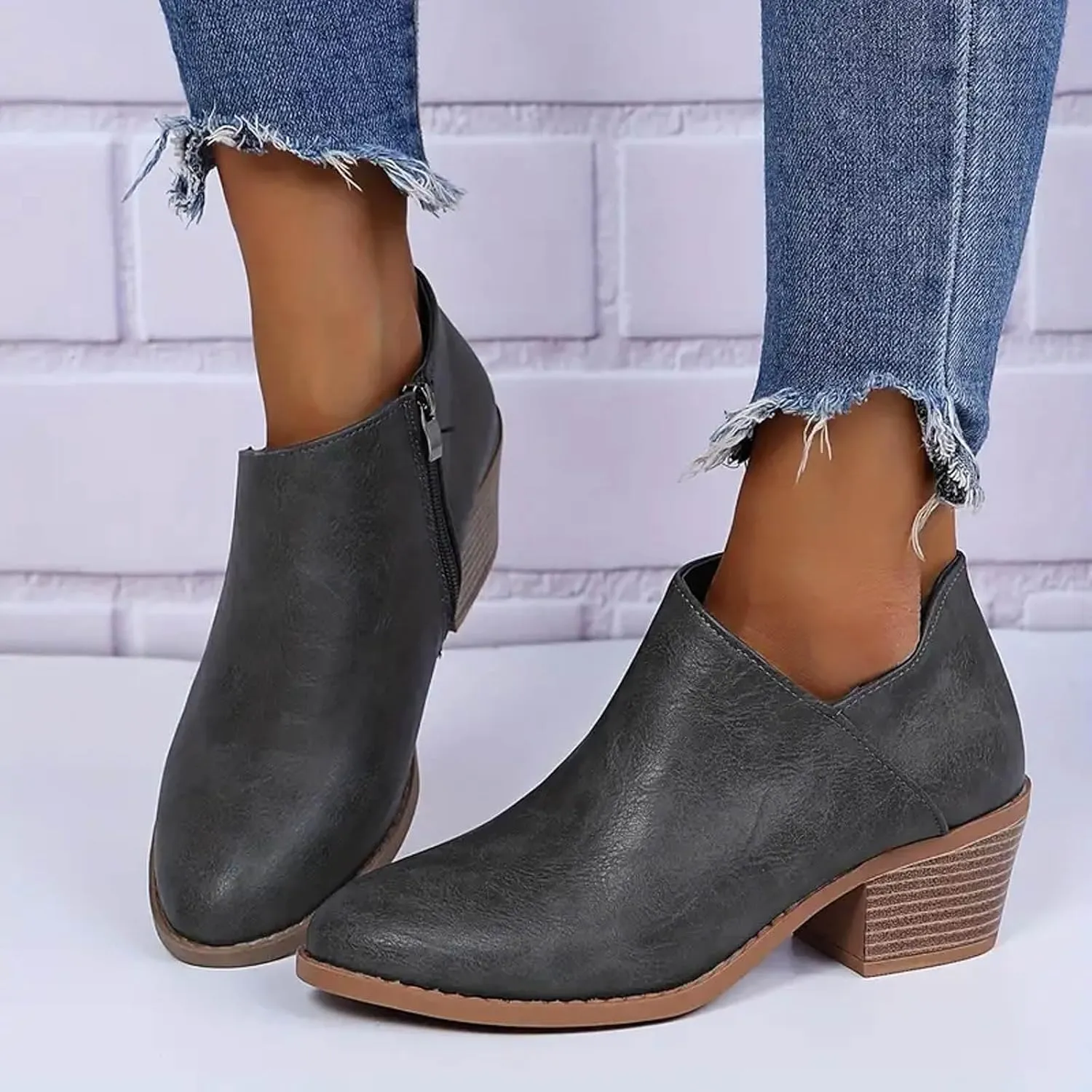 AMDBEL Winter Boots for Women 2024 Ankle Booties Low Chunky Block Heel Side Zipper Pointd Toe Fall Winter Short Boots Shoes