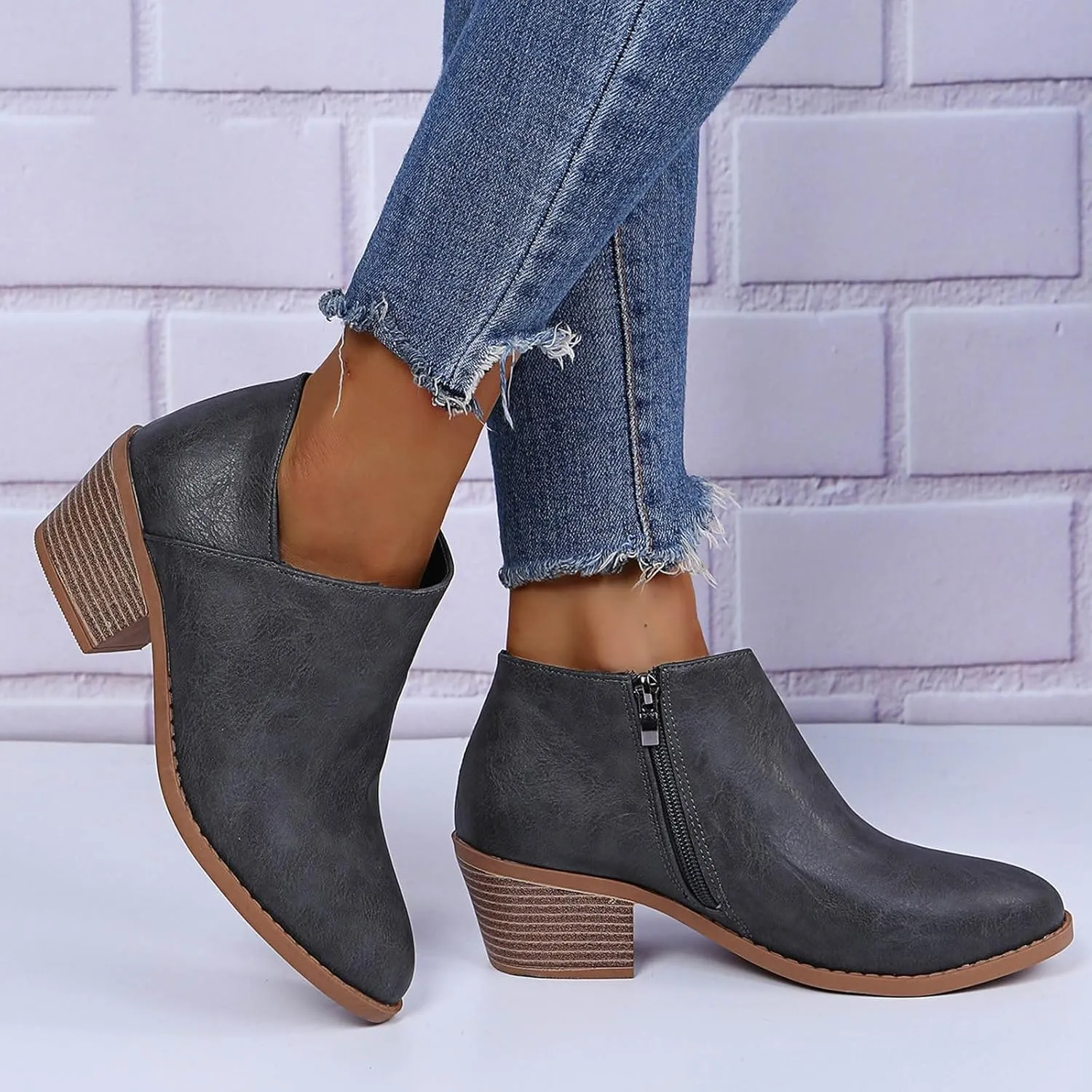 AMDBEL Winter Boots for Women 2024 Ankle Booties Low Chunky Block Heel Side Zipper Pointd Toe Fall Winter Short Boots Shoes