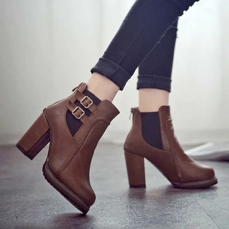 Amozae-Square Heel Ankle Boots Zapatos De Mujer Botas Size 35-43 New Autumn and Winter Boots Button High Heels Shoe Fashion
