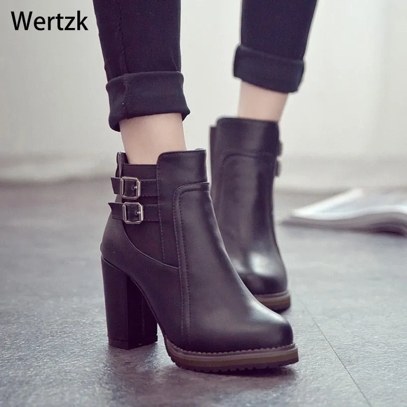 Amozae-Square Heel Ankle Boots Zapatos De Mujer Botas Size 35-43 New Autumn and Winter Boots Button High Heels Shoe Fashion