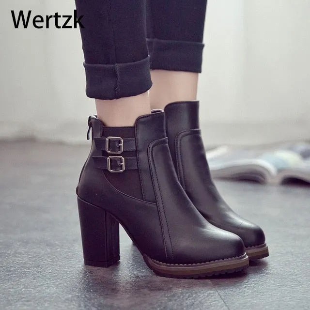 Amozae-Square Heel Ankle Boots Zapatos De Mujer Botas Size 35-43 New Autumn and Winter Boots Button High Heels Shoe Fashion