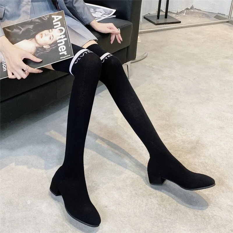 Amozae-Women Stretch Sock Botas Long Tight Boots 4cm Low Heels Lady Crystal Over The Knee High Boots Stripper Winter Warm Fetish Shoes