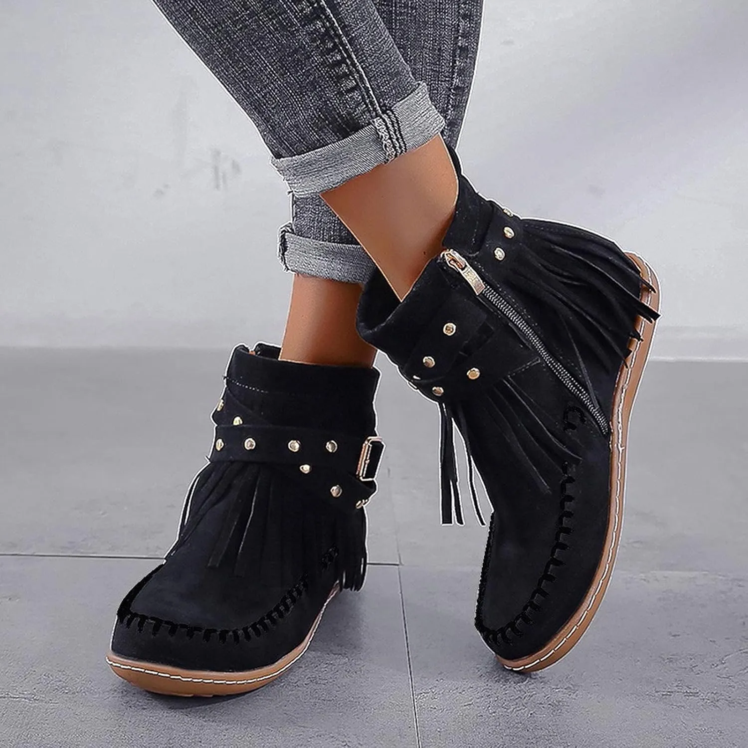 Ankle Booties for Women, Womens Retro Cowboy Boots Closed Toe Low Heel Combat Western Shoes Fringed Ankle Boots