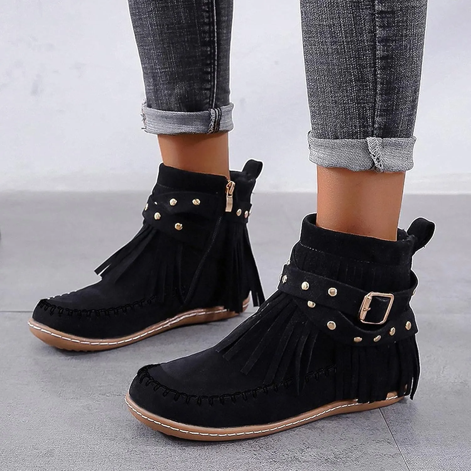 Ankle Booties for Women, Womens Retro Cowboy Boots Closed Toe Low Heel Combat Western Shoes Fringed Ankle Boots
