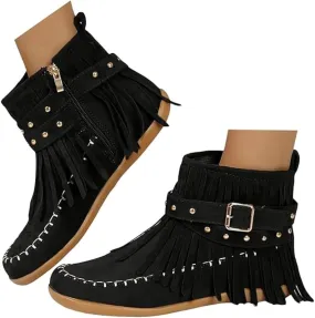 Ankle Booties for Women, Womens Retro Cowboy Boots Closed Toe Low Heel Combat Western Shoes Fringed Ankle Boots