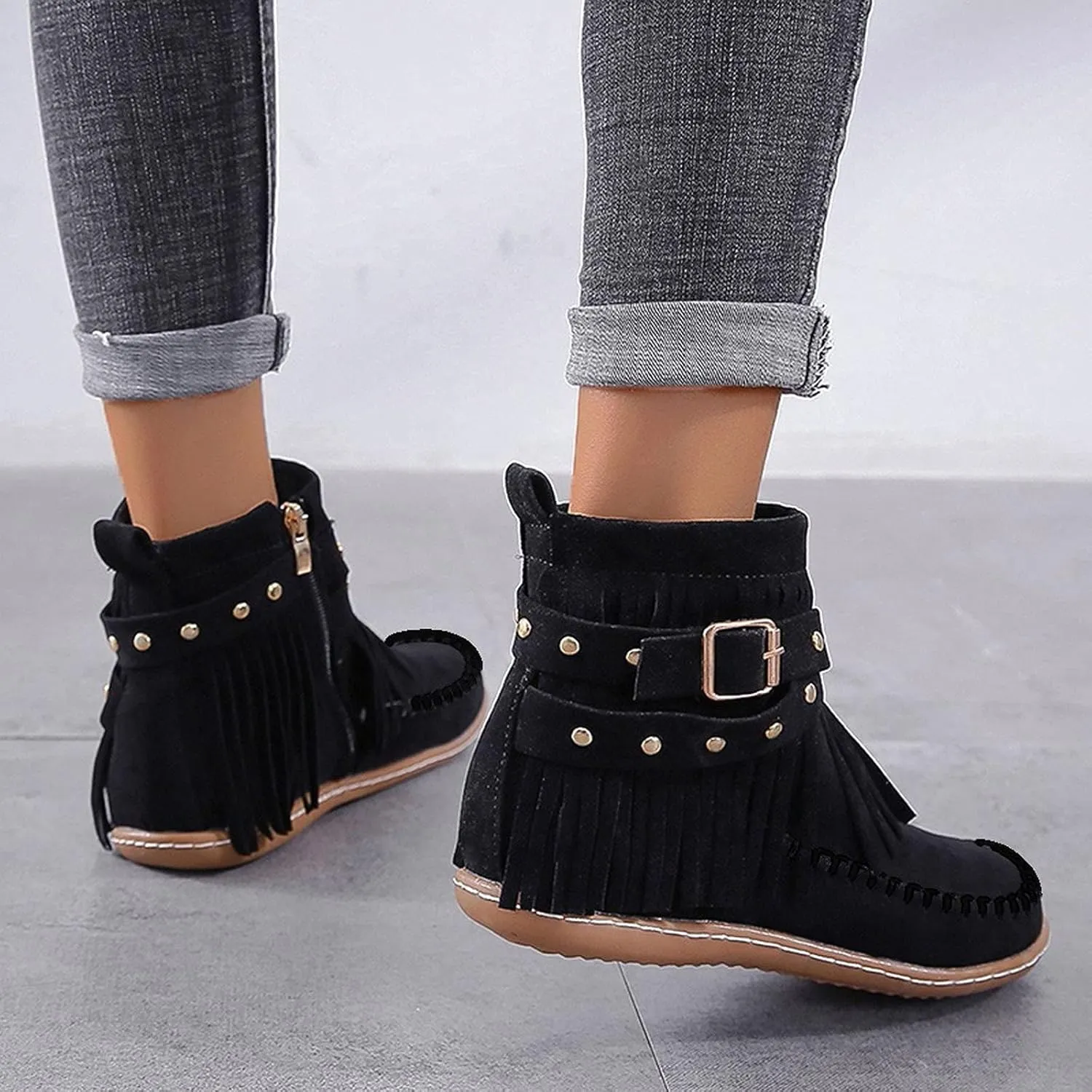 Ankle Booties for Women, Womens Retro Cowboy Boots Closed Toe Low Heel Combat Western Shoes Fringed Ankle Boots