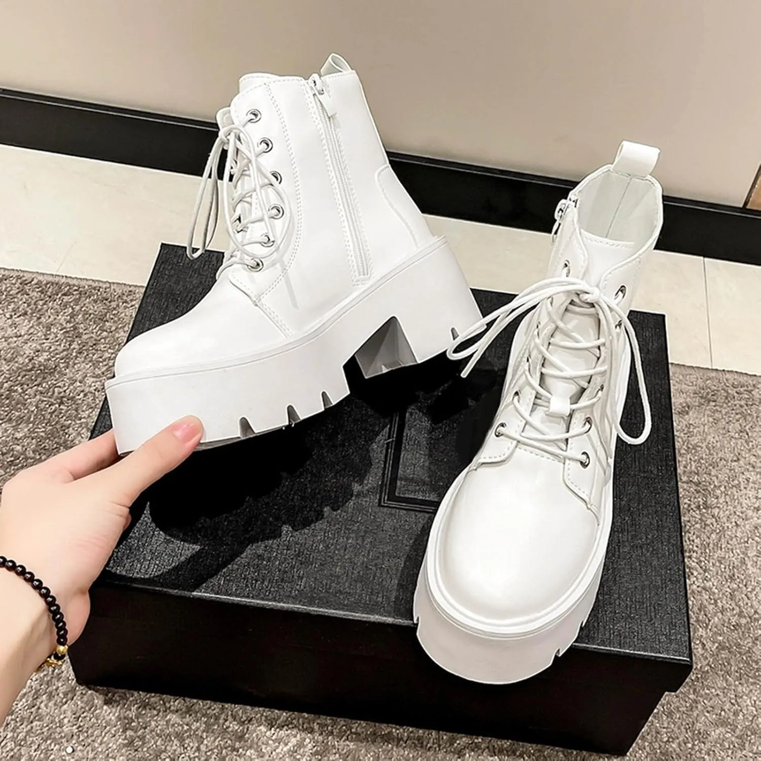 Ankle Boots for Women Retro Round Toe Chunky High Heels Ankle Boots Lace Up Zipper Platform Boots Lace Buckle Shoes