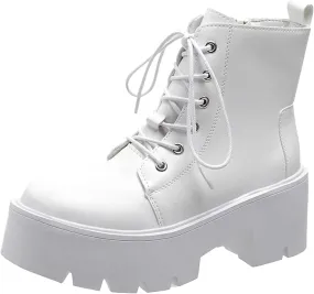 Ankle Boots for Women Retro Round Toe Chunky High Heels Ankle Boots Lace Up Zipper Platform Boots Lace Buckle Shoes