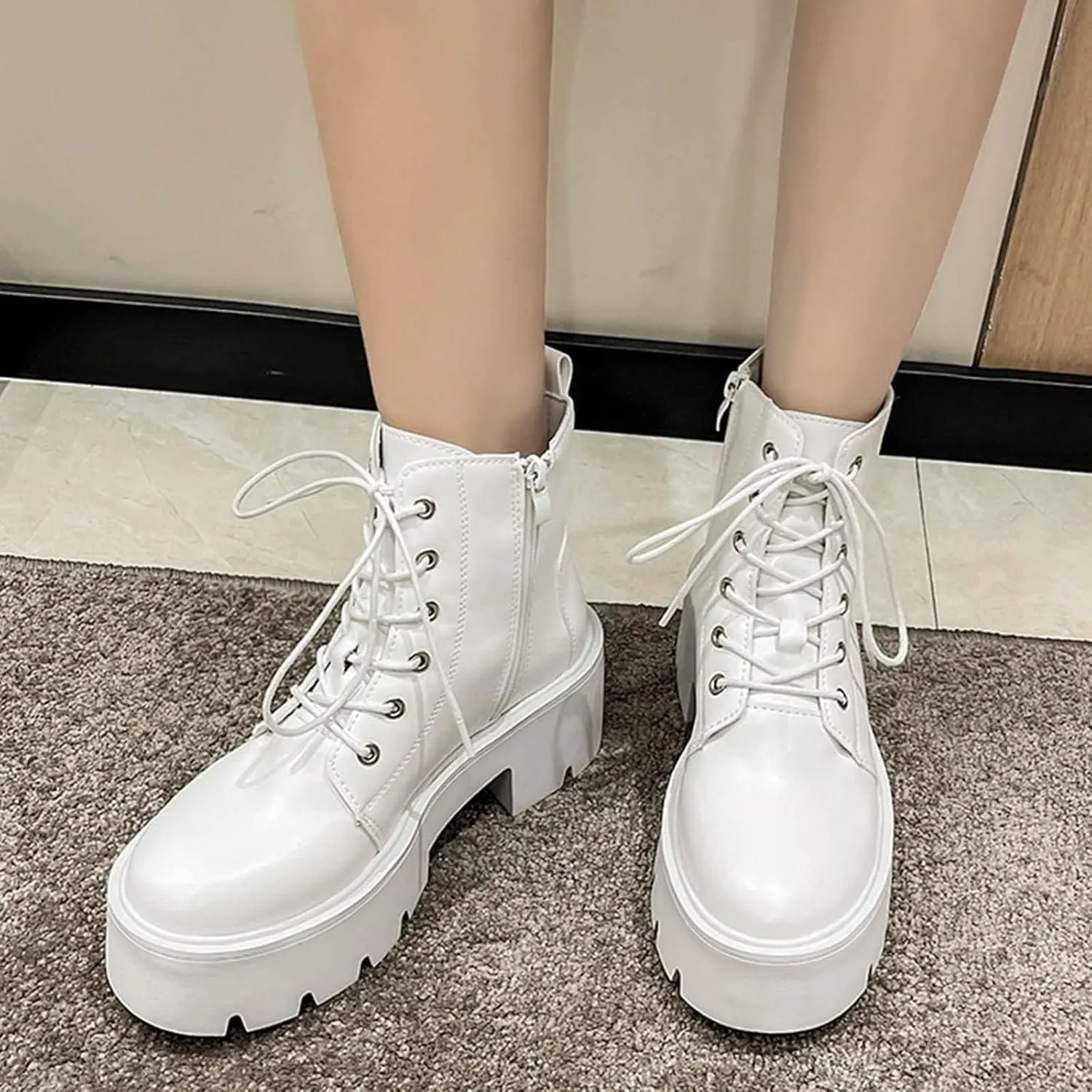 Ankle Boots for Women Retro Round Toe Chunky High Heels Ankle Boots Lace Up Zipper Platform Boots Lace Buckle Shoes