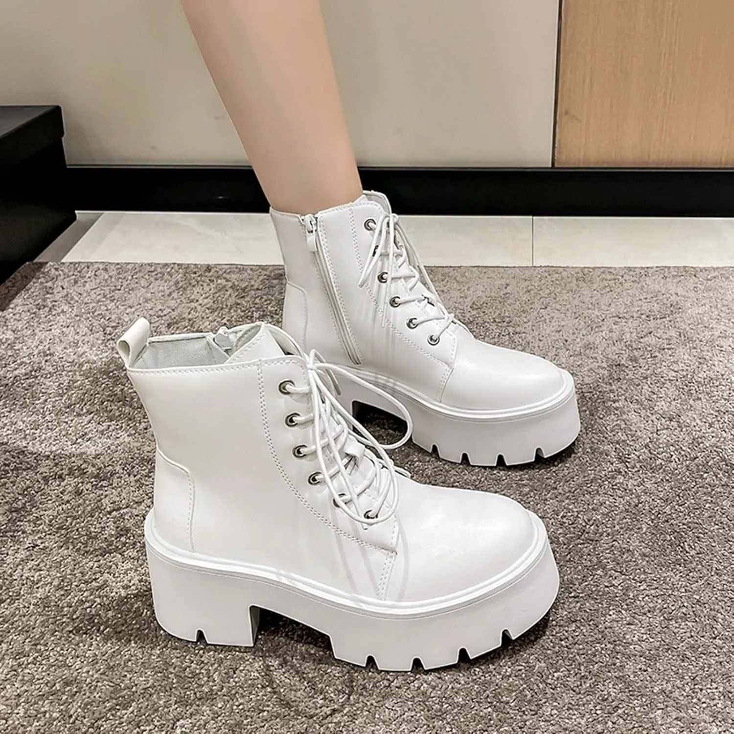 Ankle Boots for Women Retro Round Toe Chunky High Heels Ankle Boots Lace Up Zipper Platform Boots Lace Buckle Shoes