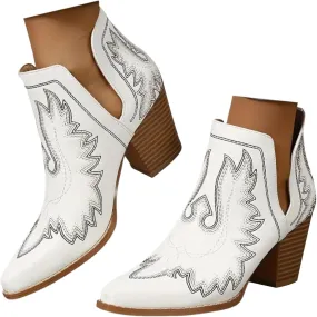 Ankle Cowboy Boots for Women Cowgirl Boots Women Western Chunky Heels Pointed Toe V Cut Slip on Women Short Boots