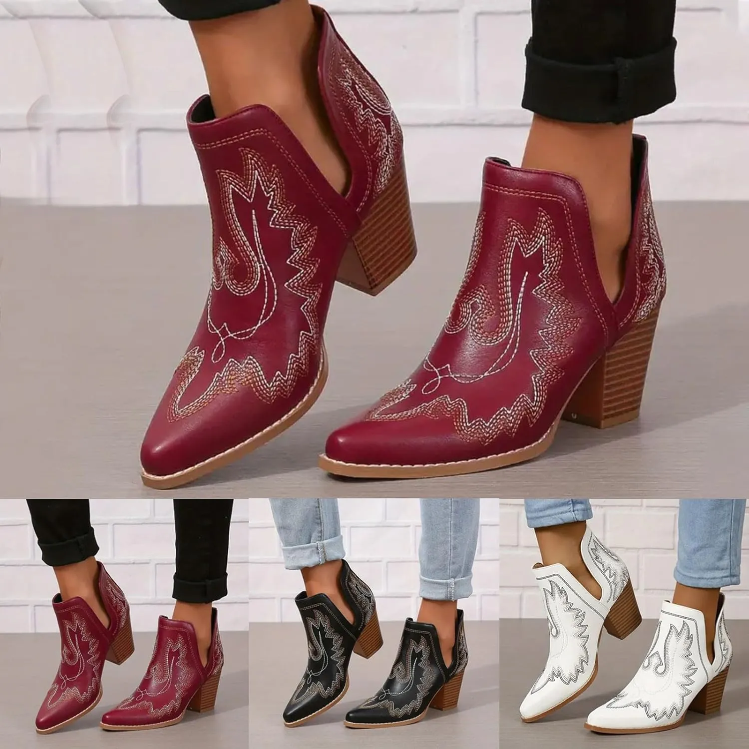 Ankle Cowboy Boots for Women Cowgirl Boots Women Western Chunky Heels Pointed Toe V Cut Slip on Women Short Boots
