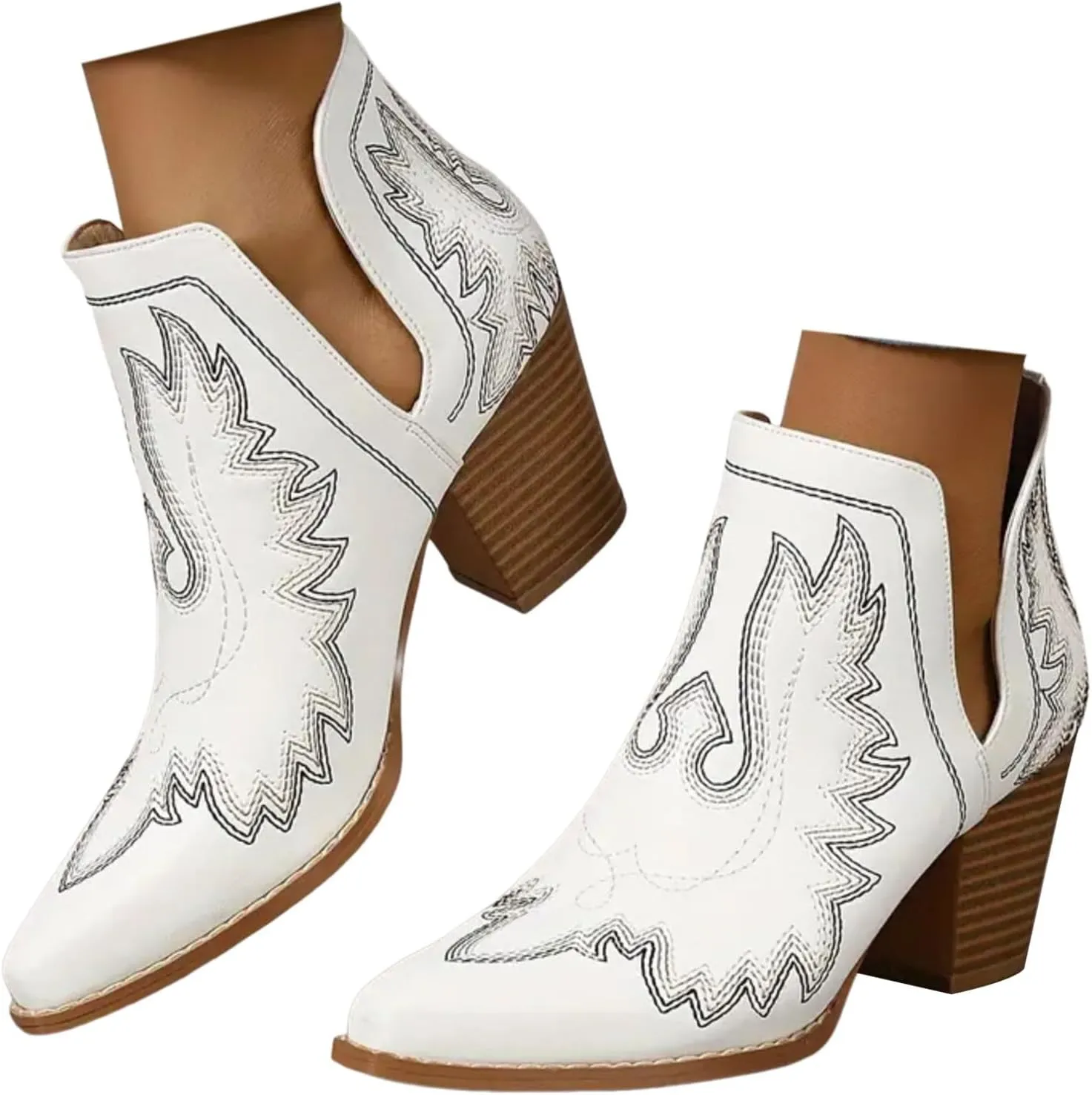 Ankle Cowboy Boots for Women Cowgirl Boots Women Western Chunky Heels Pointed Toe V Cut Slip on Women Short Boots