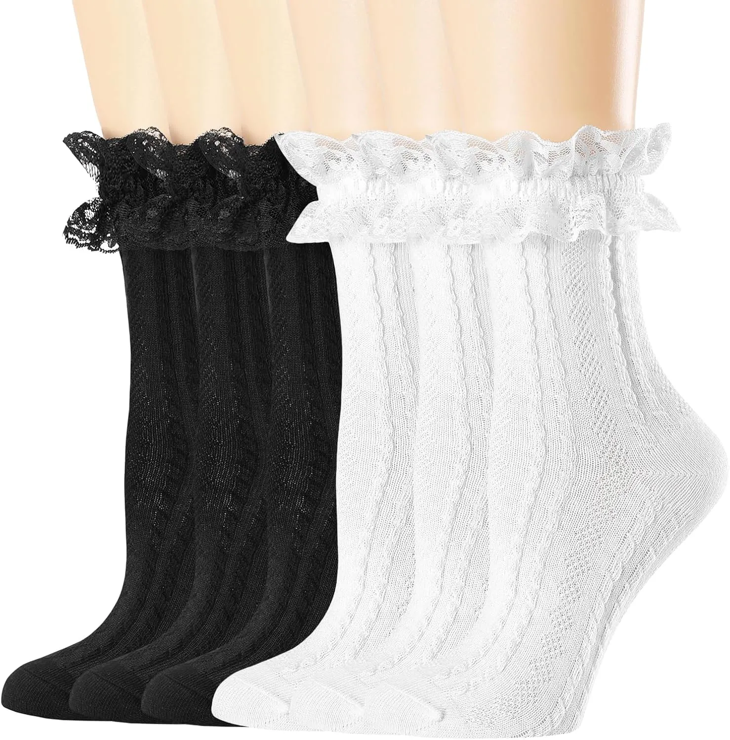 BIVOLU Womens Crew Socks Lace Ruffle Frilly Cotton Cute Princess Ankle Dress Socks for Girl 6 Pack
