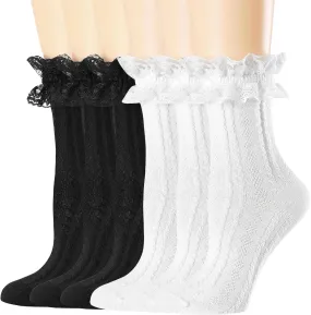BIVOLU Womens Crew Socks Lace Ruffle Frilly Cotton Cute Princess Ankle Dress Socks for Girl 6 Pack