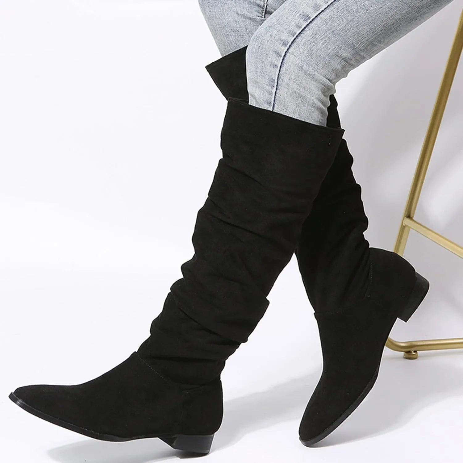 Cathalem Knee High Boots for Women Low Heel Comfortable Dressy Pointed Toe Warm Pleated Slip on Block Chunky Heel Boots