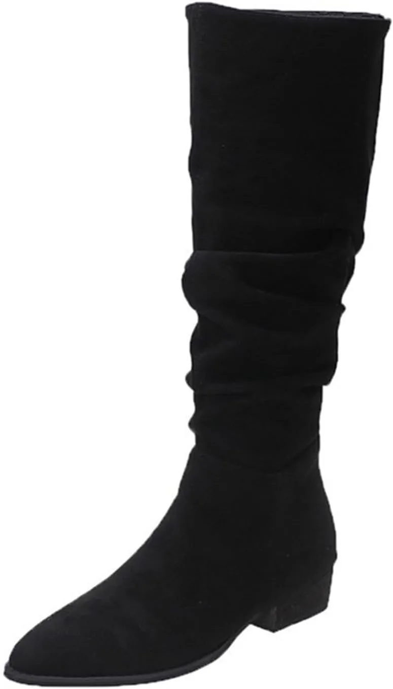 Cathalem Knee High Boots for Women Low Heel Comfortable Dressy Pointed Toe Warm Pleated Slip on Block Chunky Heel Boots