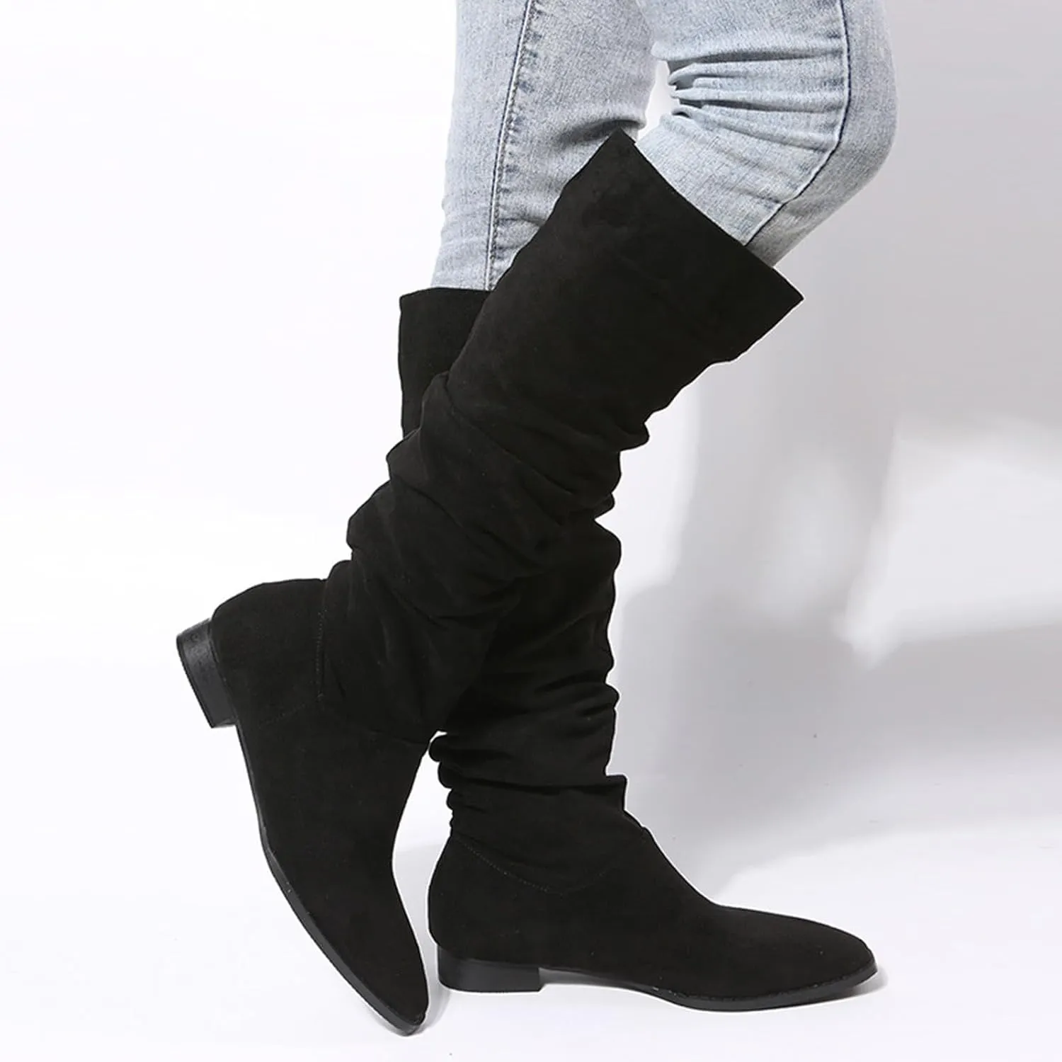 Cathalem Knee High Boots for Women Low Heel Comfortable Dressy Pointed Toe Warm Pleated Slip on Block Chunky Heel Boots