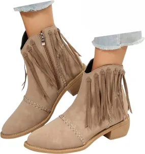 Crzidha Womens Fringe Boots,Vintage Almond Toe Low Heel Wide Ankle Boots Stylish Side Tassel Stitching Booties Comfortable Wide Width Side Zipper Block Heel Country Concert Boots