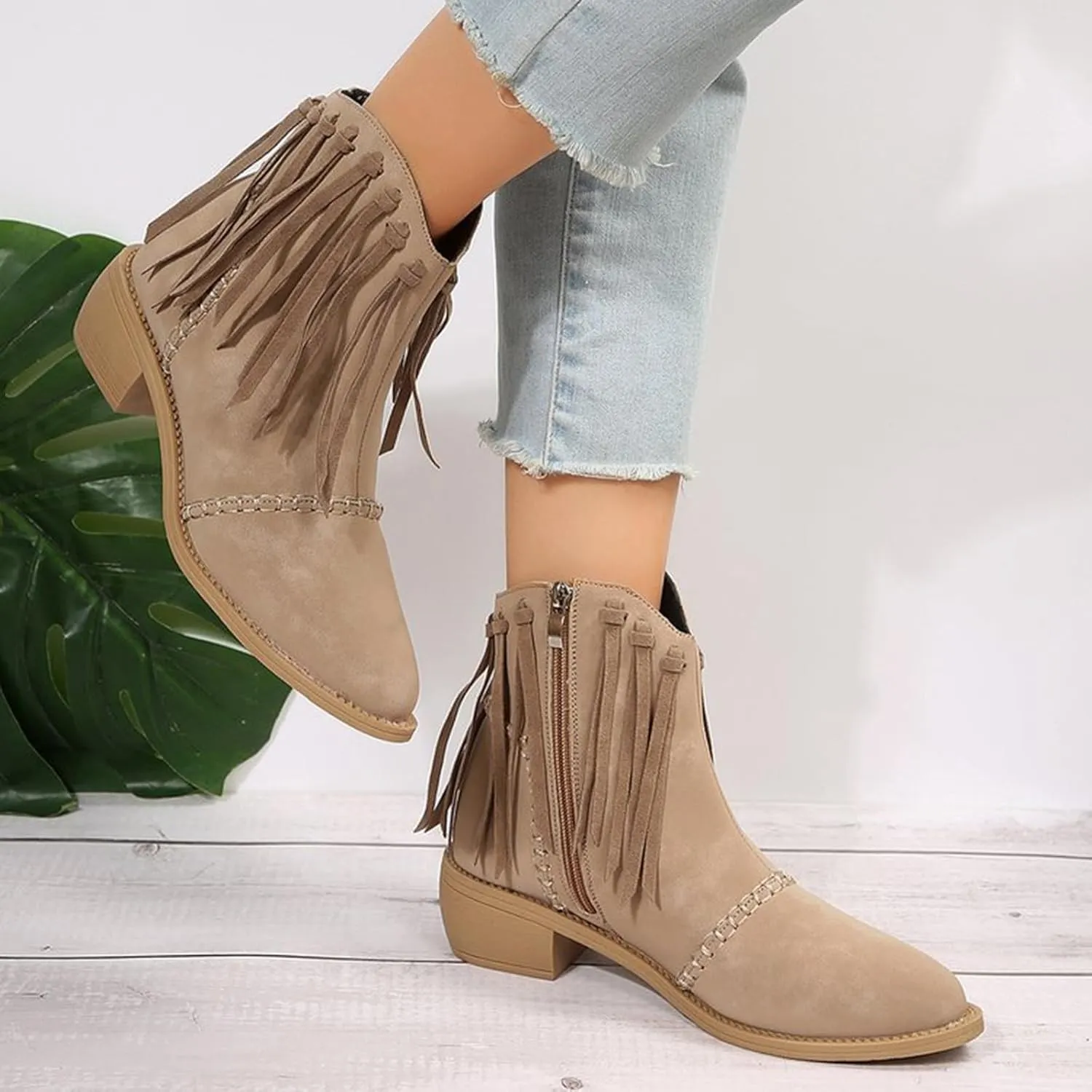 Crzidha Womens Fringe Boots,Vintage Almond Toe Low Heel Wide Ankle Boots Stylish Side Tassel Stitching Booties Comfortable Wide Width Side Zipper Block Heel Country Concert Boots