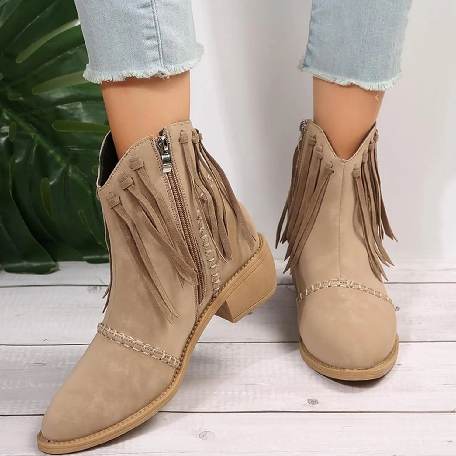Crzidha Womens Fringe Boots,Vintage Almond Toe Low Heel Wide Ankle Boots Stylish Side Tassel Stitching Booties Comfortable Wide Width Side Zipper Block Heel Country Concert Boots