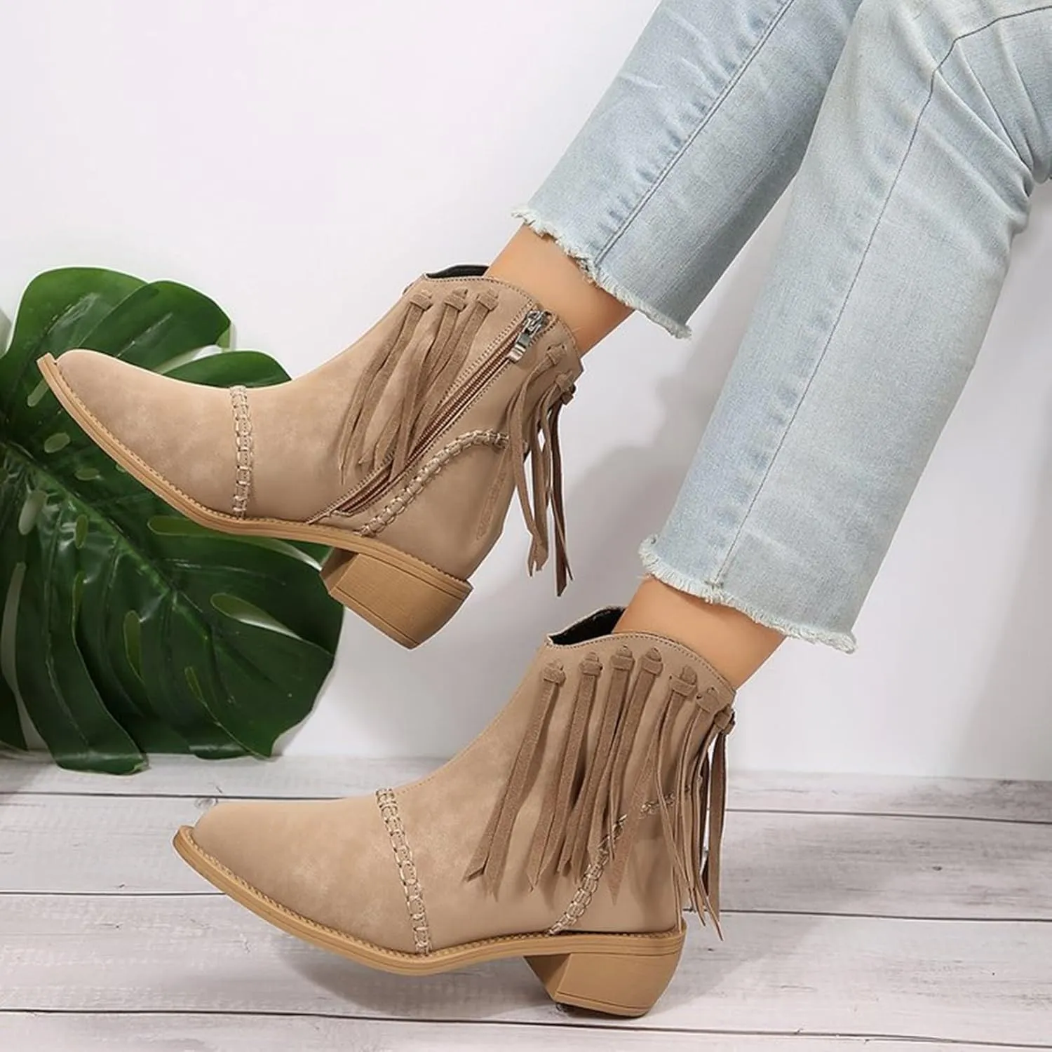 Crzidha Womens Fringe Boots,Vintage Almond Toe Low Heel Wide Ankle Boots Stylish Side Tassel Stitching Booties Comfortable Wide Width Side Zipper Block Heel Country Concert Boots
