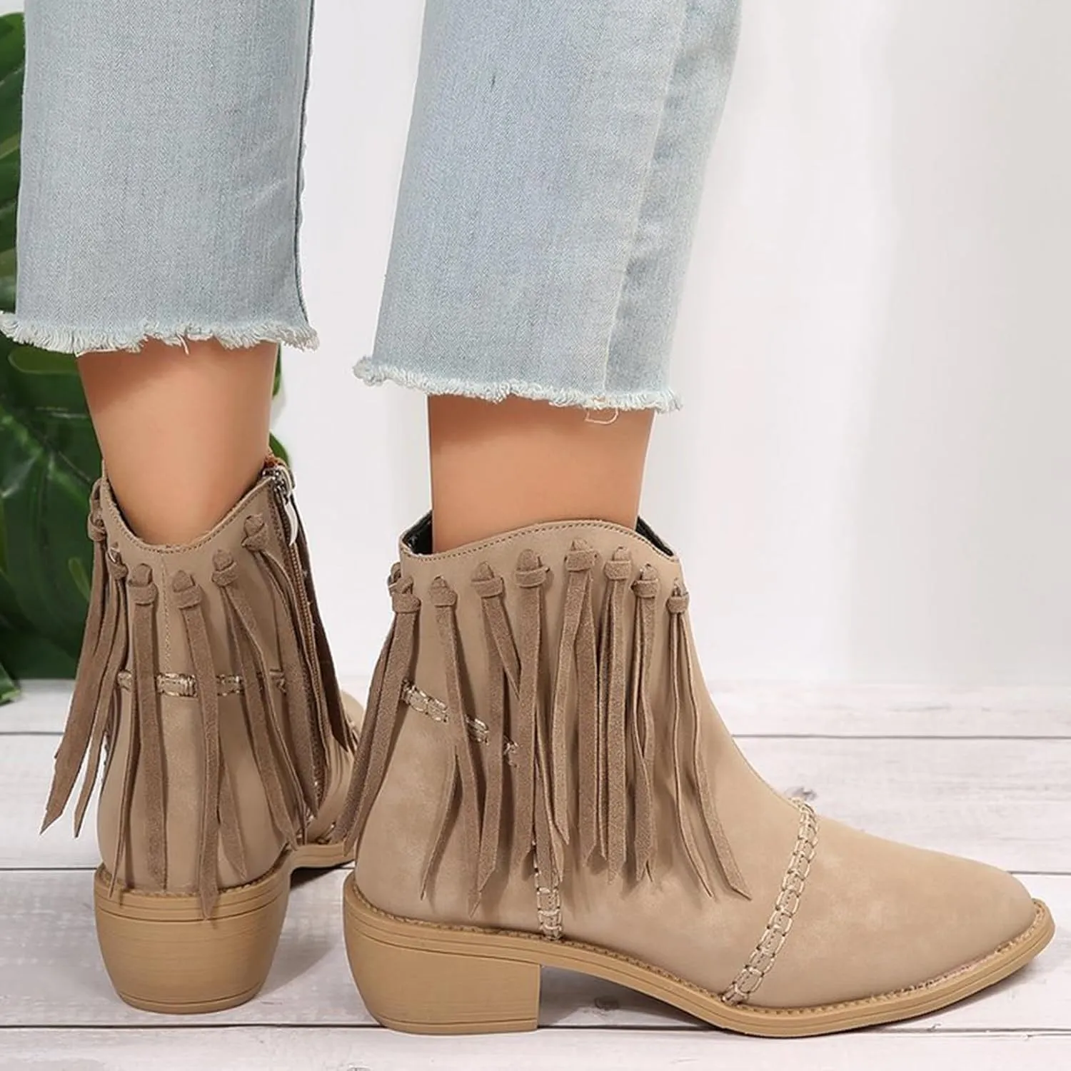 Crzidha Womens Fringe Boots,Vintage Almond Toe Low Heel Wide Ankle Boots Stylish Side Tassel Stitching Booties Comfortable Wide Width Side Zipper Block Heel Country Concert Boots