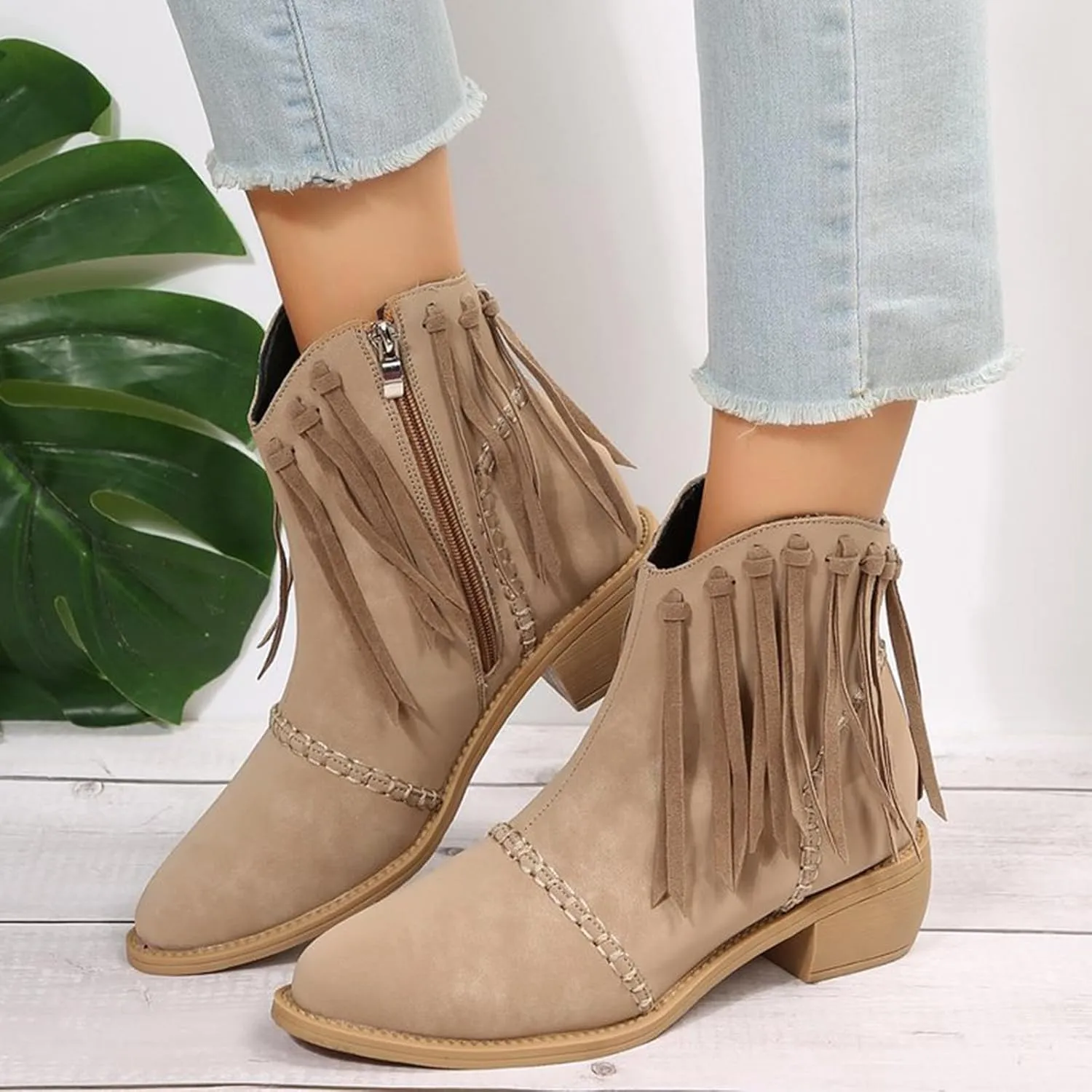 Crzidha Womens Fringe Boots,Vintage Almond Toe Low Heel Wide Ankle Boots Stylish Side Tassel Stitching Booties Comfortable Wide Width Side Zipper Block Heel Country Concert Boots