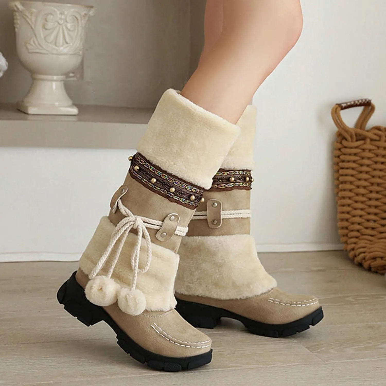 Ctreela Women's Furry Plush Winter Snow Boots Fashion Faux Fur Round Toe Work Boot Outdoor Insulated Chunky Platform Booties