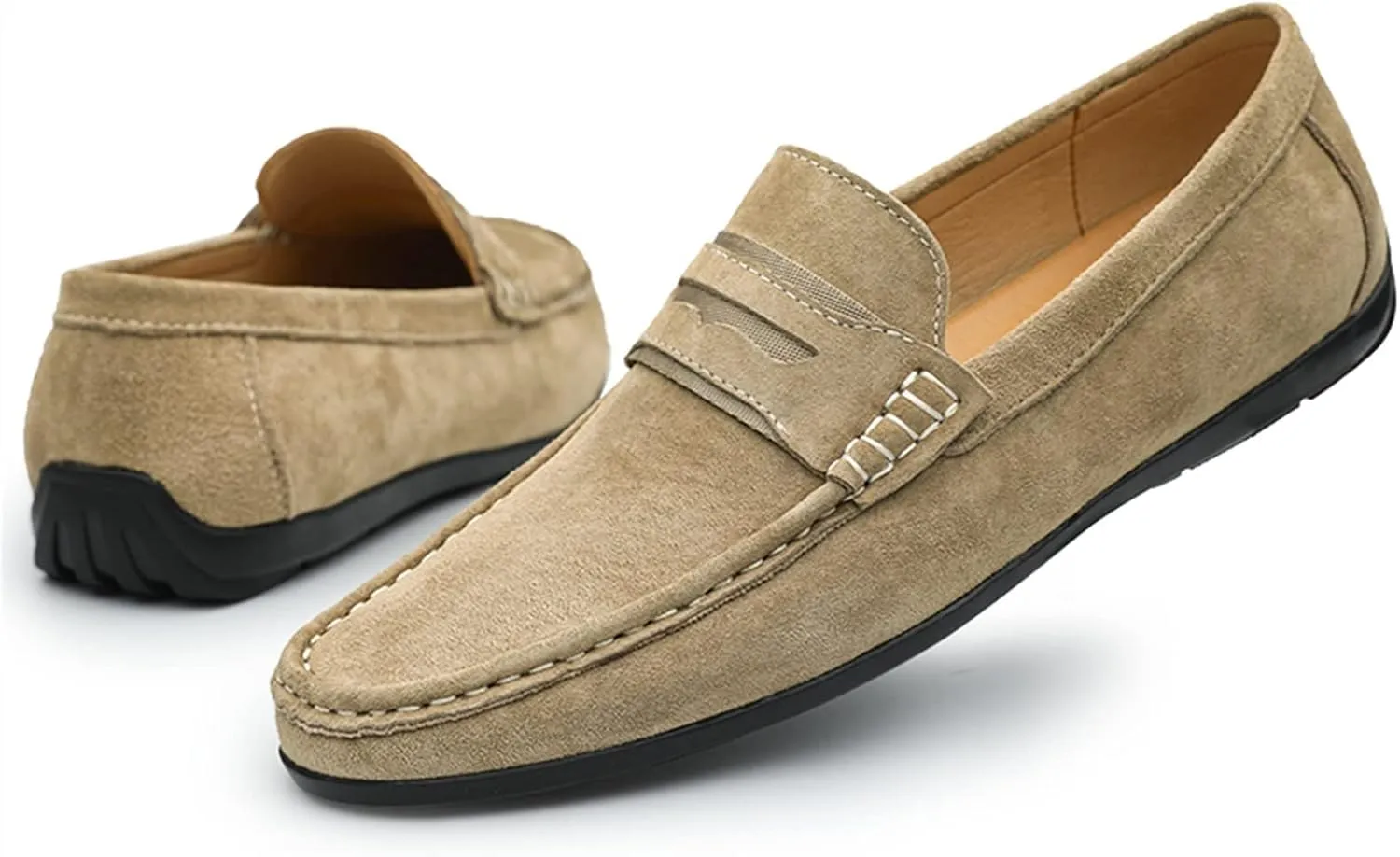 Driving Moccasins for Men Genuine Leather Penny Loafer Suede Vamp Stitching Details Round Toe Lightweight Flat Heel Flexible Walking Slip on for Any Attire