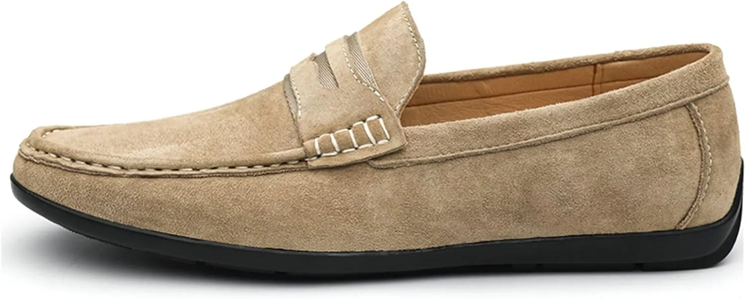 Driving Moccasins for Men Genuine Leather Penny Loafer Suede Vamp Stitching Details Round Toe Lightweight Flat Heel Flexible Walking Slip on for Any Attire