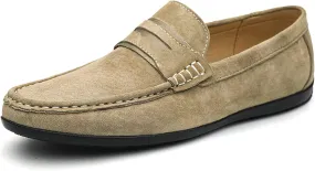Driving Moccasins for Men Genuine Leather Penny Loafer Suede Vamp Stitching Details Round Toe Lightweight Flat Heel Flexible Walking Slip on for Any Attire