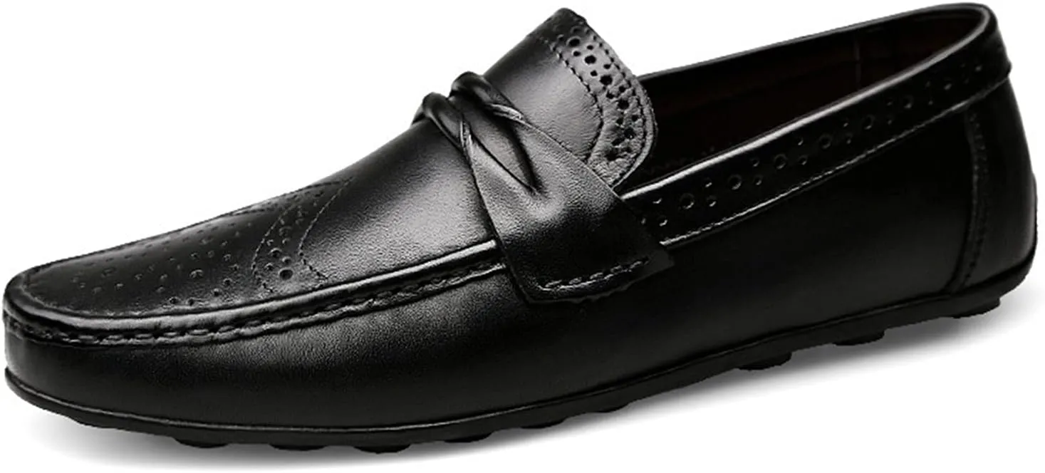 Driving Moccasins Loafer Shoes for Men Brogue Wing Tip Genuine Leather Round Toe Resistant Flexible Flat Heel Comfortable Driving Slip On for Any Attire