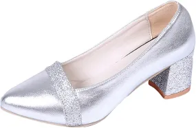 Fashion Autumn Women Casual Shoes Thick Heel Medium Heel Pointed Toe Colorblock Sequins Wide Womens Casual Shoes (7) Silver