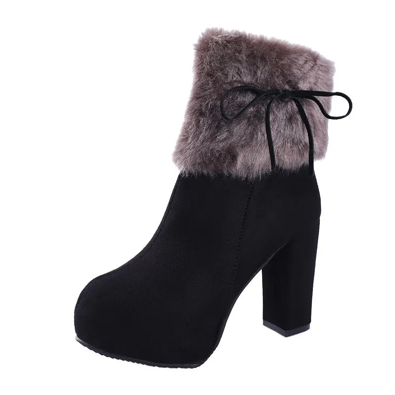 Faux Fur Women's Flock Platform Round Toe Square Heel Ankle Boots