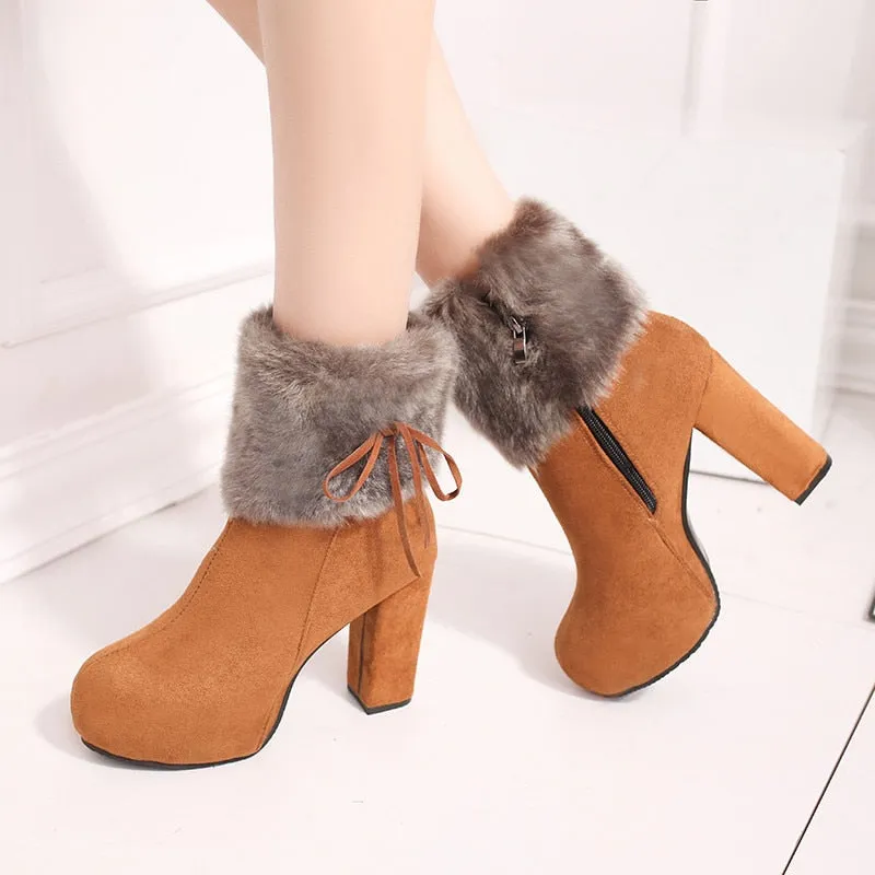 Faux Fur Women's Flock Platform Round Toe Square Heel Ankle Boots