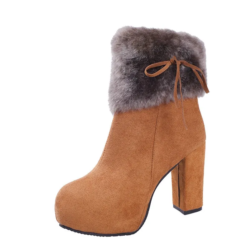 Faux Fur Women's Flock Platform Round Toe Square Heel Ankle Boots