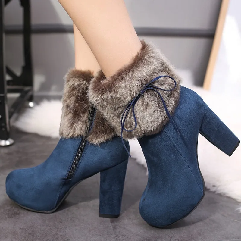 Faux Fur Women's Flock Platform Round Toe Square Heel Ankle Boots