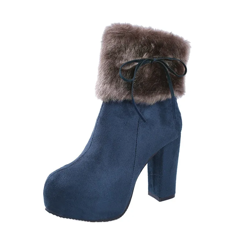 Faux Fur Women's Flock Platform Round Toe Square Heel Ankle Boots