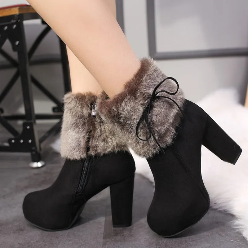 Faux Fur Women's Flock Platform Round Toe Square Heel Ankle Boots