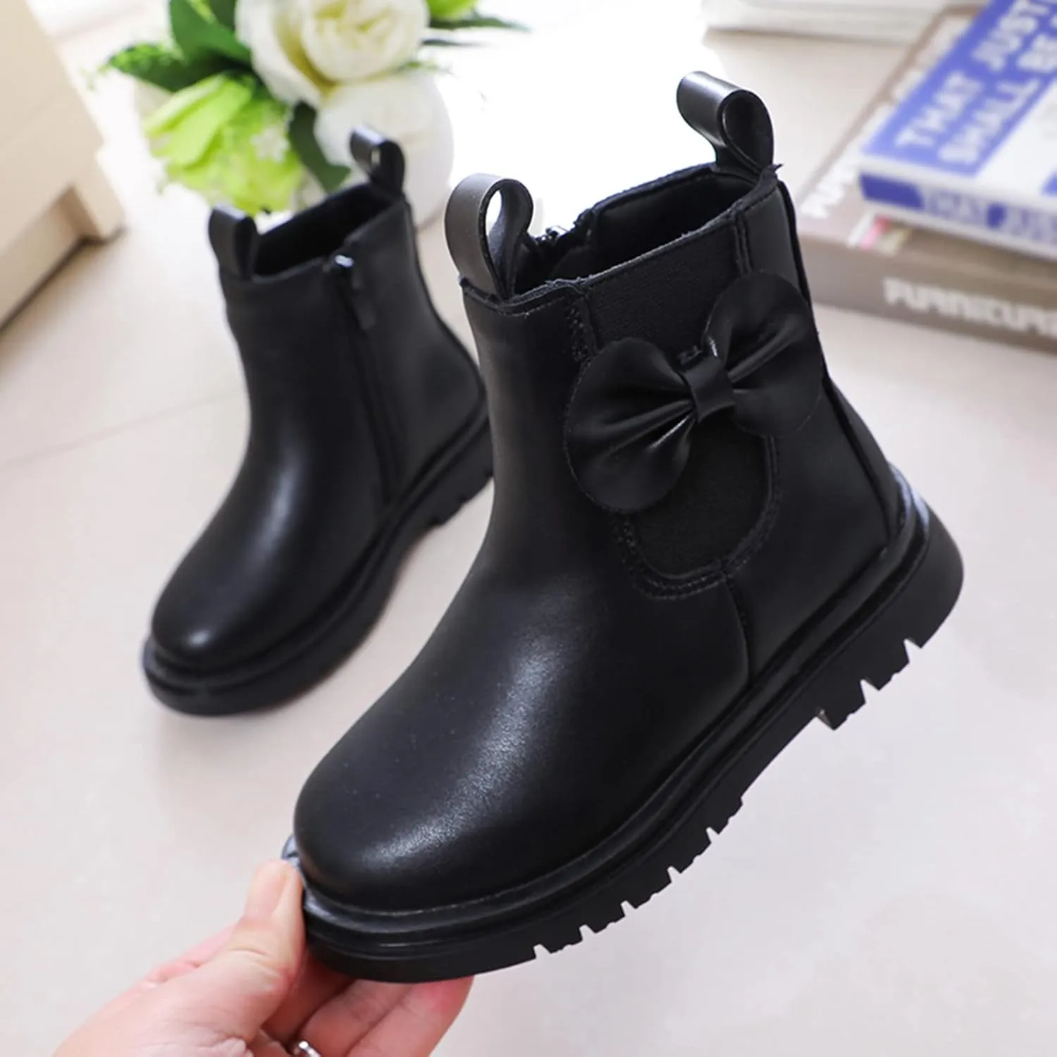 Girls Ankle Boots, Black Leather, Size 7-8, Winter, Waterproof, Non Slip, Breathable, Zipper