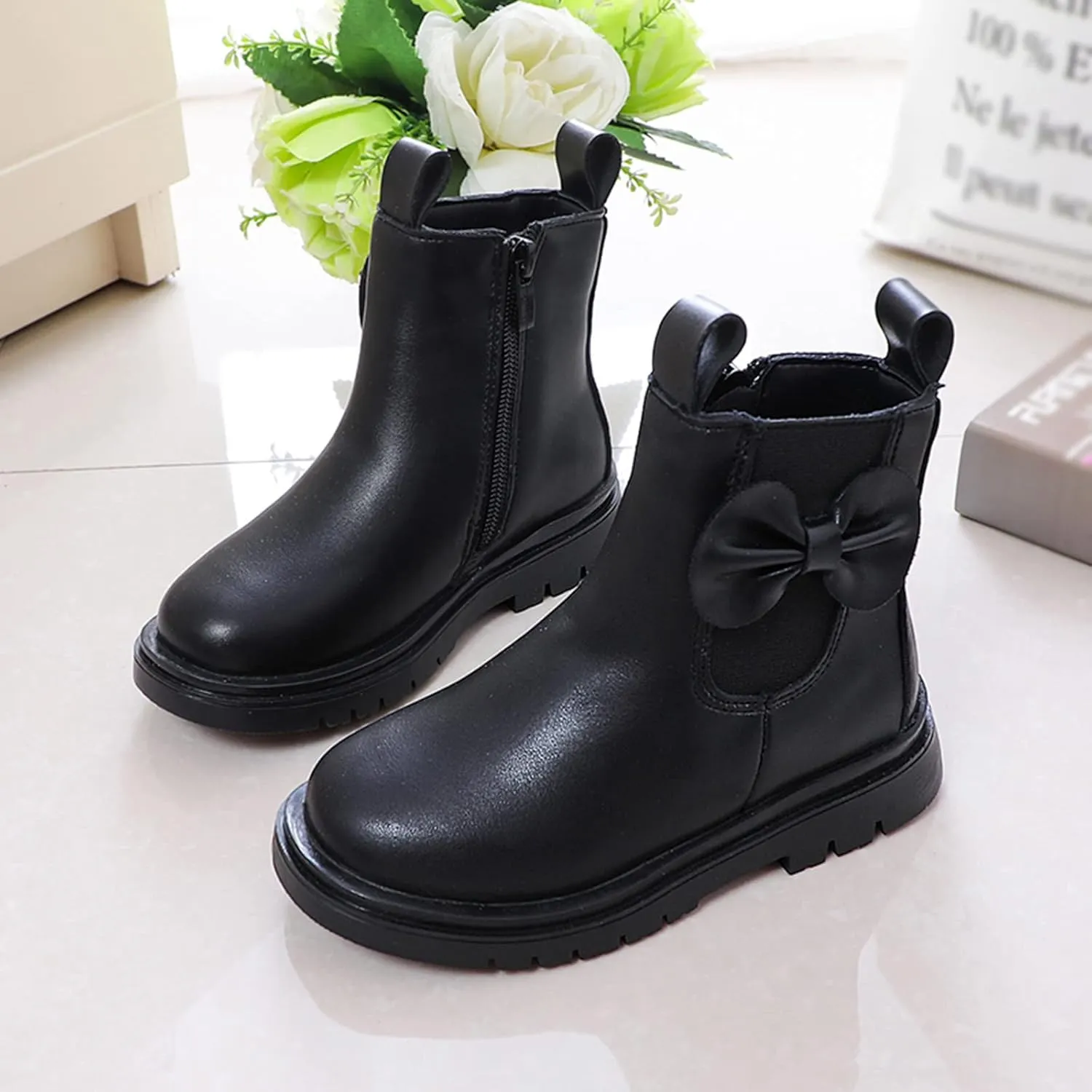 Girls Ankle Boots, Black Leather, Size 7-8, Winter, Waterproof, Non Slip, Breathable, Zipper