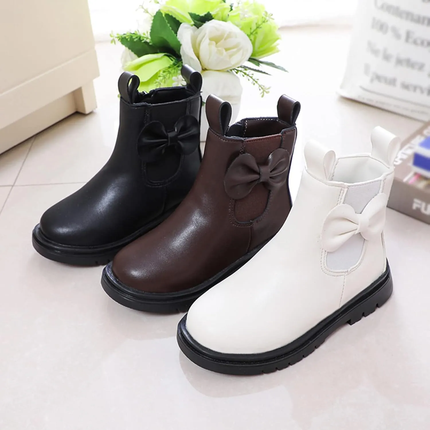Girls Ankle Boots, Black Leather, Size 7-8, Winter, Waterproof, Non Slip, Breathable, Zipper