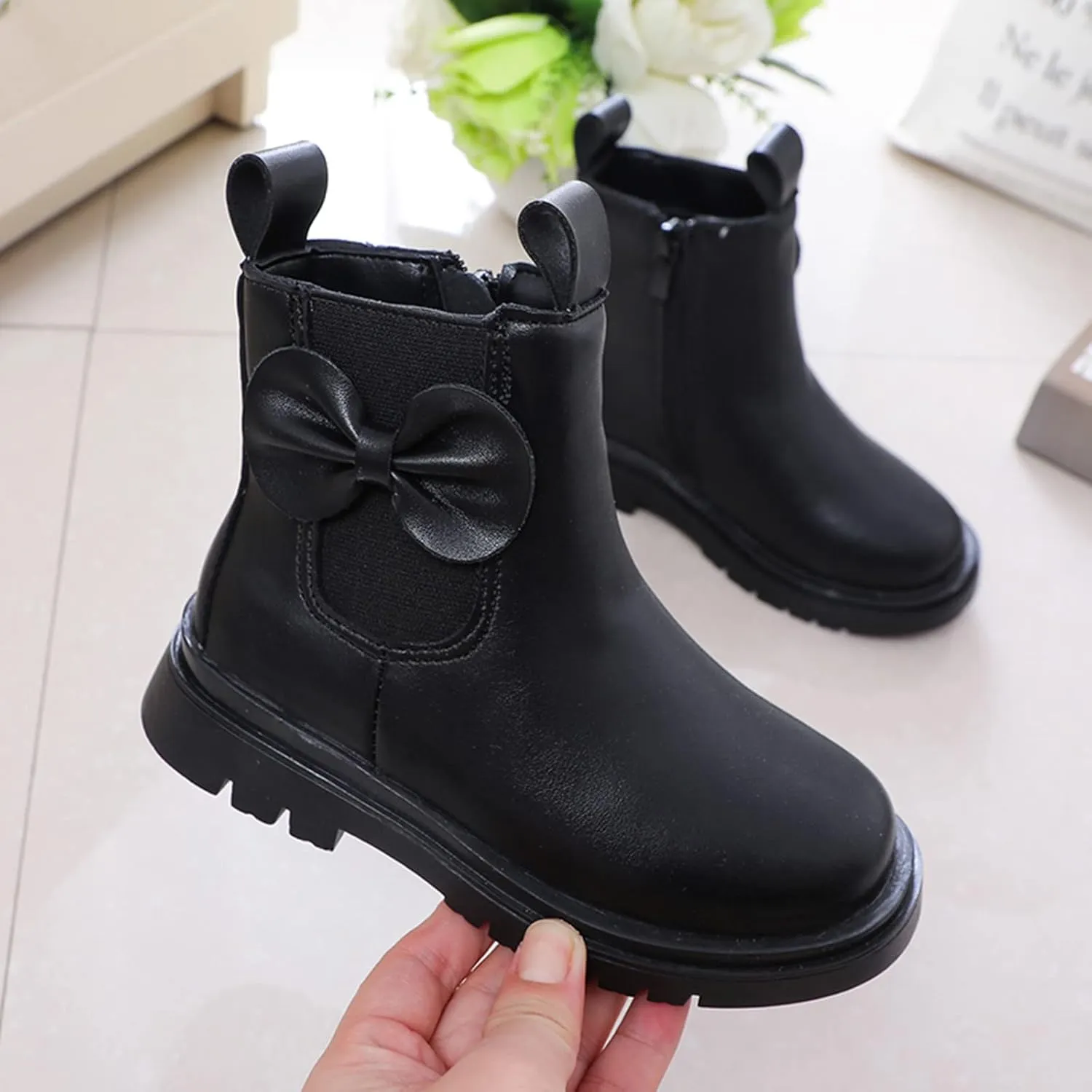 Girls Ankle Boots, Black Leather, Size 7-8, Winter, Waterproof, Non Slip, Breathable, Zipper