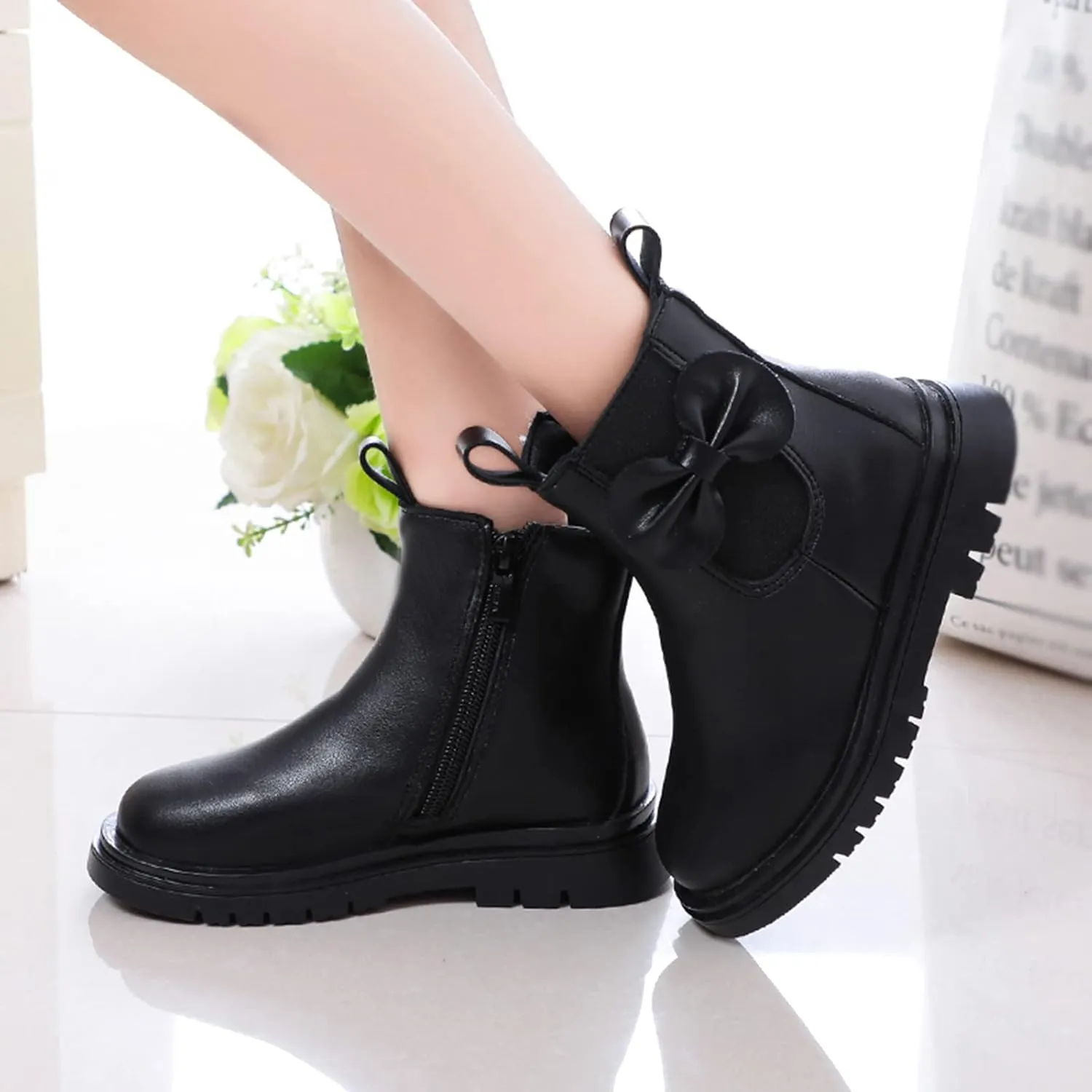 Girls Ankle Boots, Black Leather, Size 7-8, Winter, Waterproof, Non Slip, Breathable, Zipper