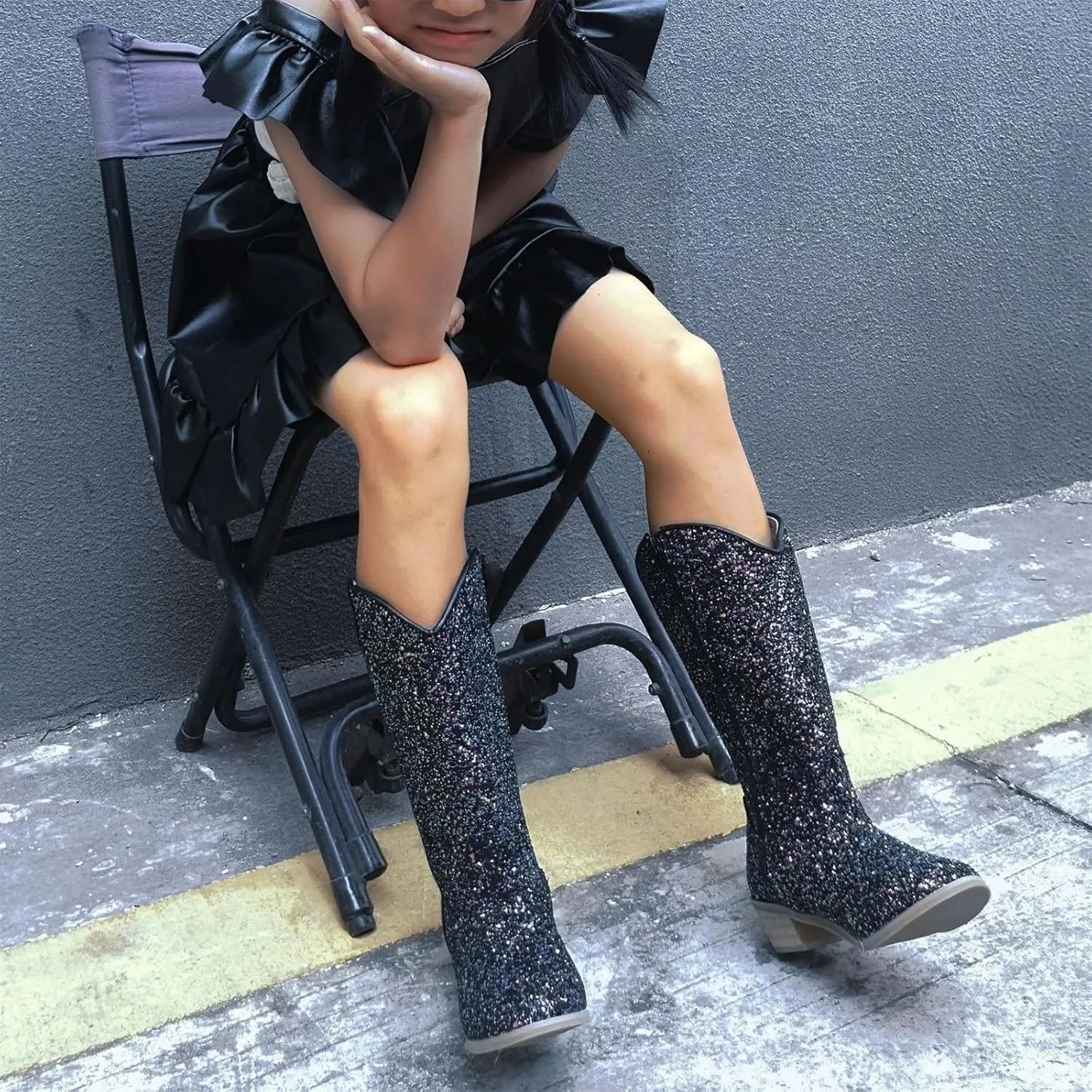 Girls Cowboy Western Boots Knee Length Sequins Fashion Riding Shoes Kids Mid Calf Low Heel Long Boots 2024 Trendy